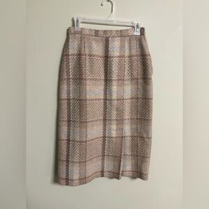 St Michael Vintage 100% Wool Multicolor Beige Plaid Midi Skirt 1980's Womens